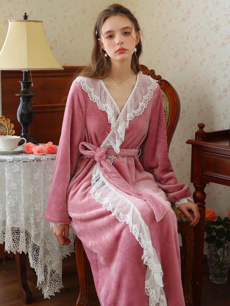 Velvet Lace-Trim Wrap Robe