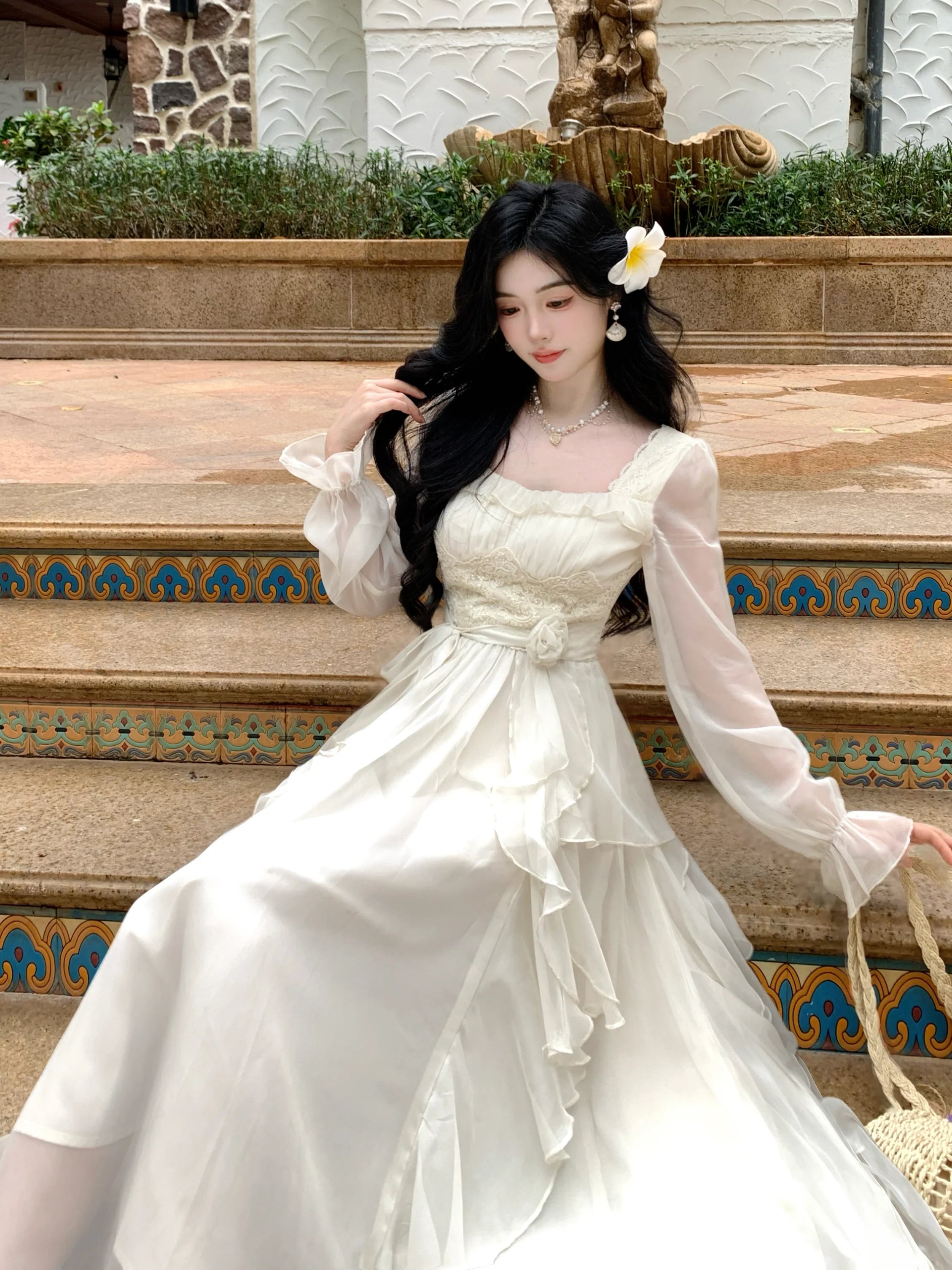 Vintage Ivory Chiffon Ruffle Dress