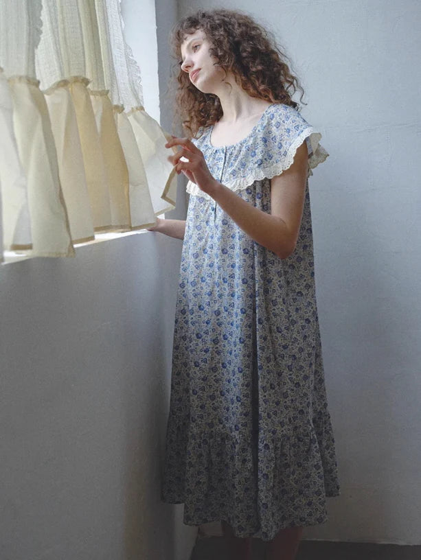 Blue Blossom Ruffle Cotton Nightgown