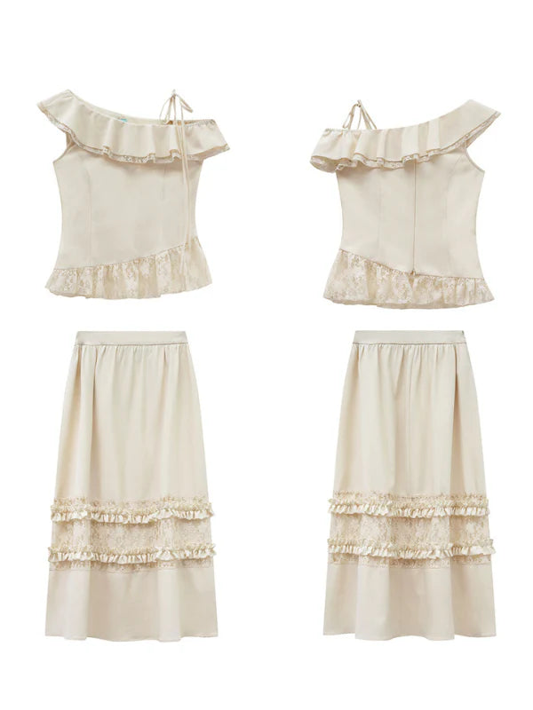 Ivory Ribbon Shoulder Ruffle Top & Skirt