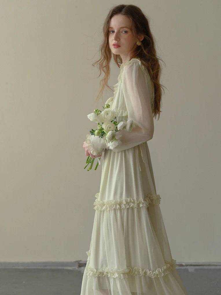Soft Cream Ruffle Tiered Sheer Dress