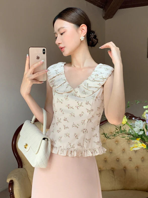Rose Petal Ruffle Collar Floral Blouse