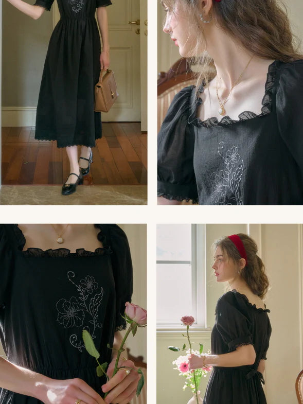 Noir Rose Embroidered Vintage Black Dress