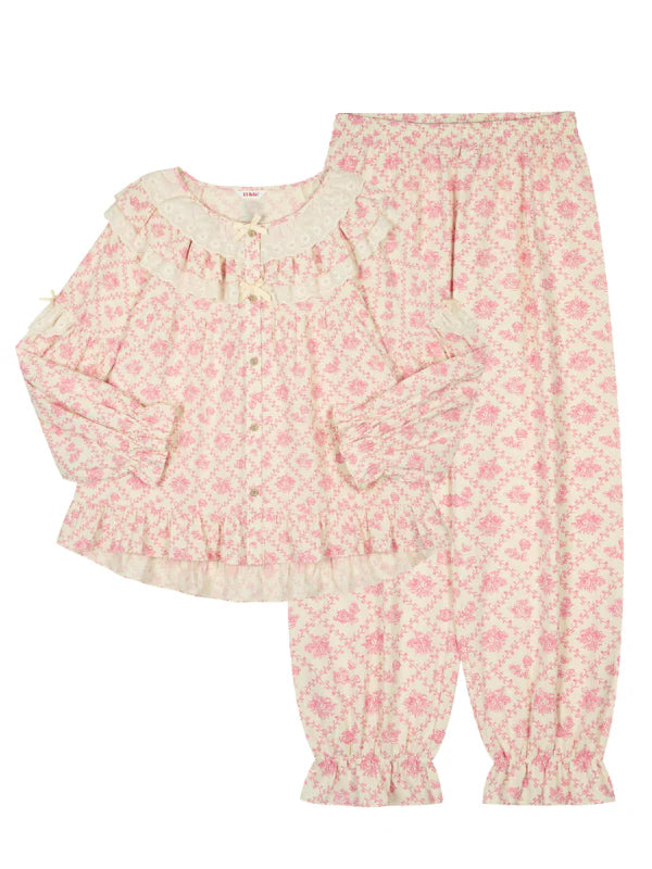 Pink Floral Lace Ruffle Loungewear Set