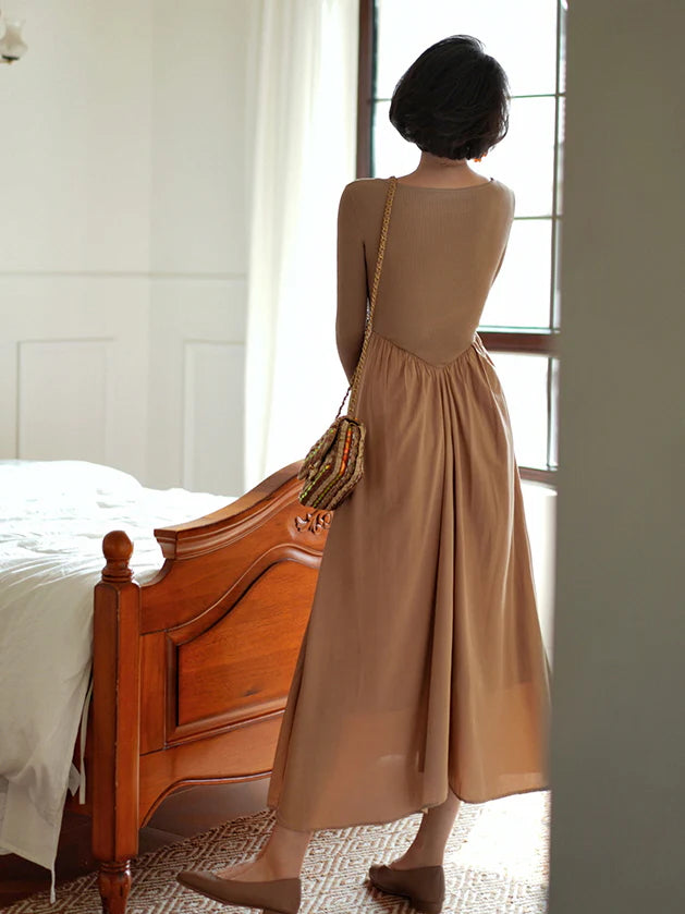 Vintage-Inspired Beige Knit and Chiffon Dress