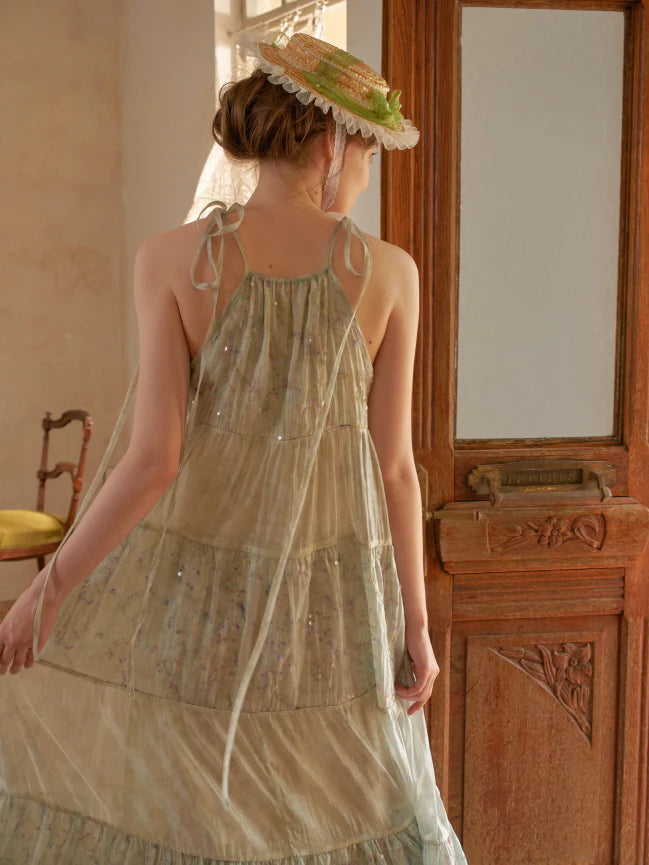 Pastel Green Floral Two-Piece Set – Sheer Cardigan & Tiered Dress