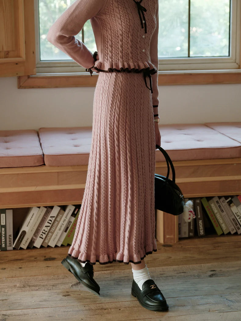 Ribbon Trim Pink Cable Knit Skirt