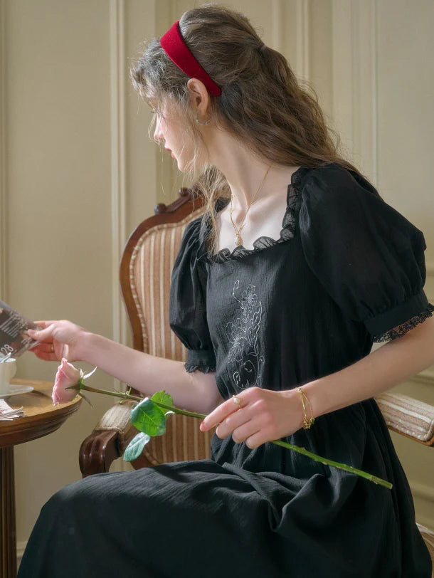 Noir Rose Embroidered Vintage Black Dress