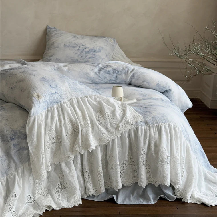 Watercolor Blue Lace Ruffle Bedding Set