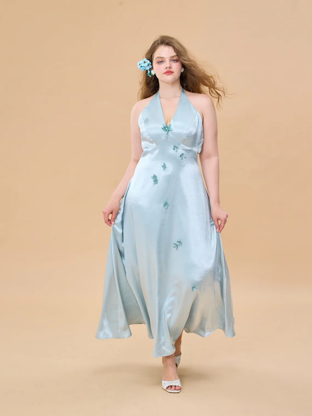 Ocean Bloom Satin Halter Dress