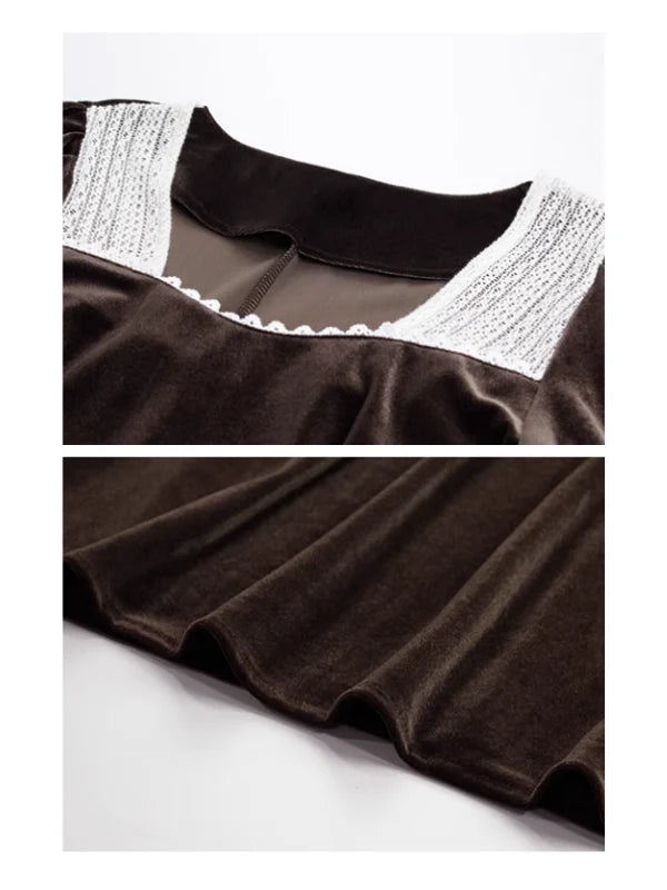 Brown Velvet Puff Sleeve Dress
