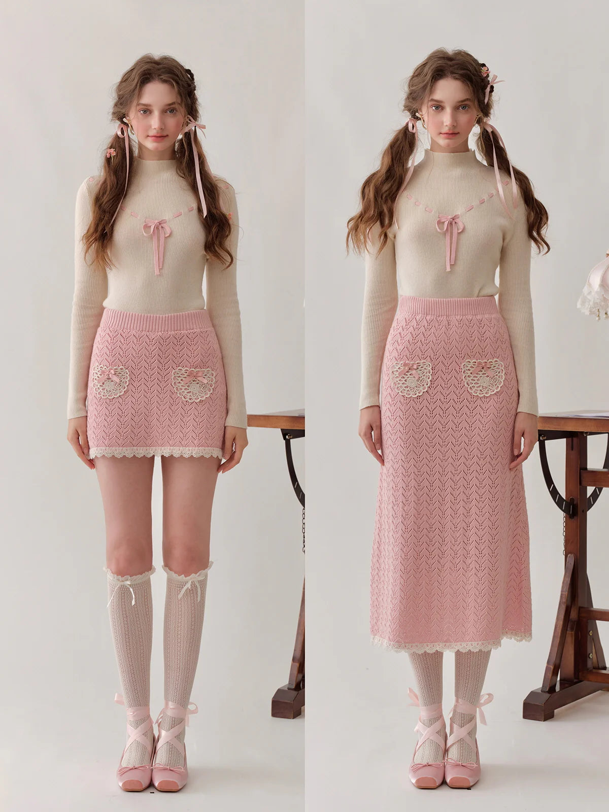 Coquette Knit Skirt with Lace Heart Pockets