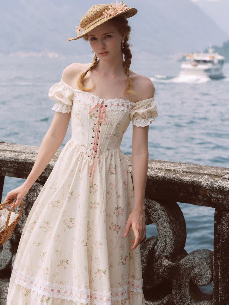 Vintage Rose Garden Lace-Up Off-Shoulder Dress