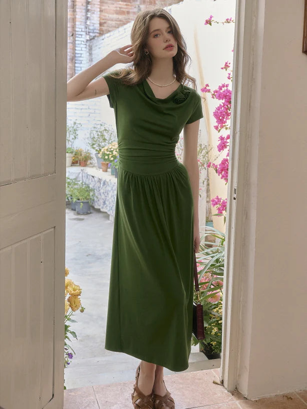 Emerald Whisper Draped Neckline Dress