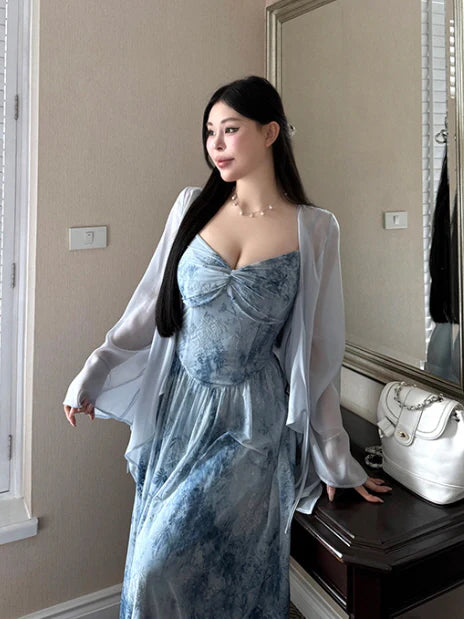 Moonlit Garden Blue Sheer Floral Dress