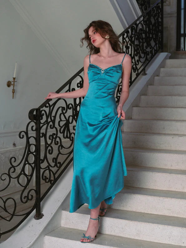 Turquoise Moonlit Satin Jewel Dress