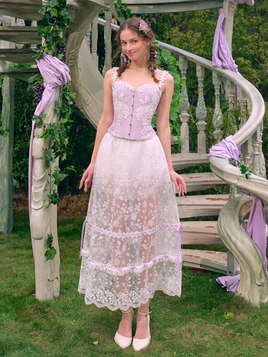 Floral Embroidered Corset & Sheer Skirt