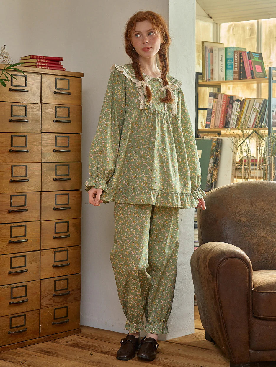Green Floral Lace Trim Pajama Set