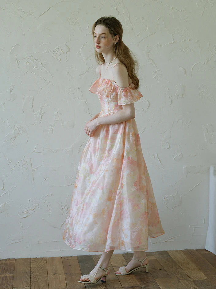 Peach Blossom Off-Shoulder Ruffle Dress