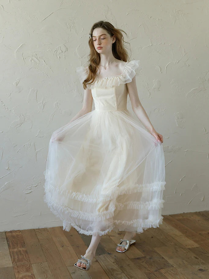 Ivory Tulle Ruffle Off-Shoulder Dress