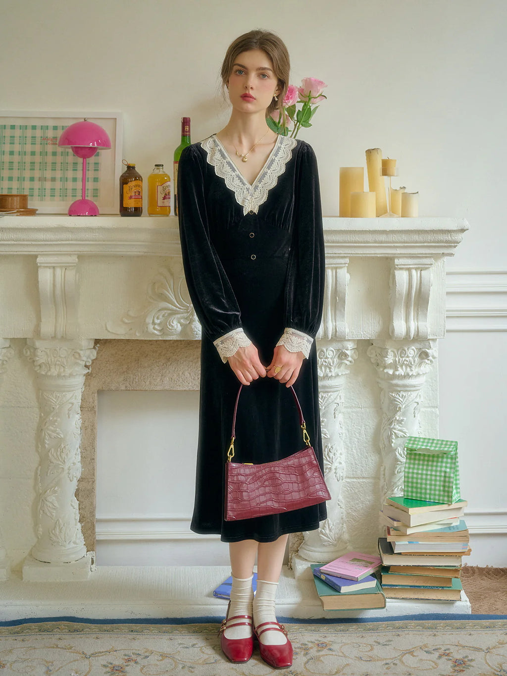 Lace Trim Vintage Velvet Elegance Dress