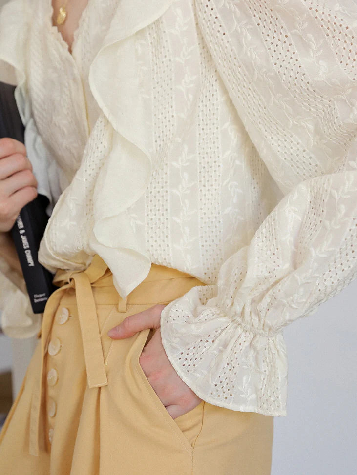 Romantic Lace-Trimmed Ruffle Blouse