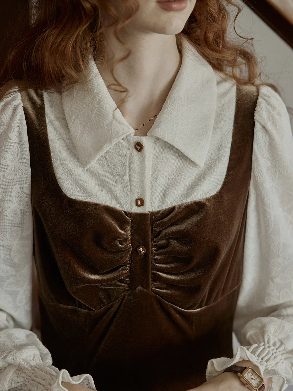 Earthy Velvet Button-Front Pinafore Dress