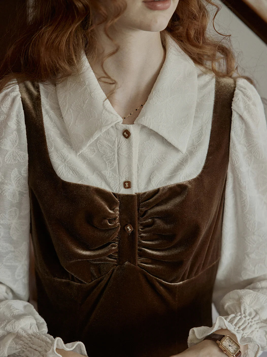 Earthy Velvet Button-Front Pinafore Dress