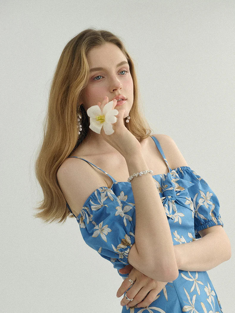 Blue Floral Off-Shoulder Summer Dress