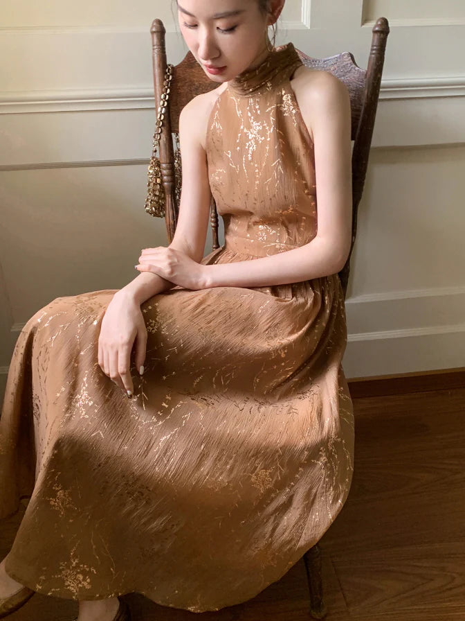 Golden Bloom Halter Dress