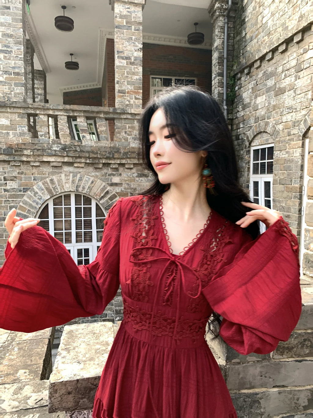 Ruby Elegance Lace-Up Maxi Dress