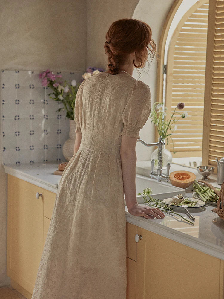 Vintage Lace Buttoned Puff Sleeve Dress