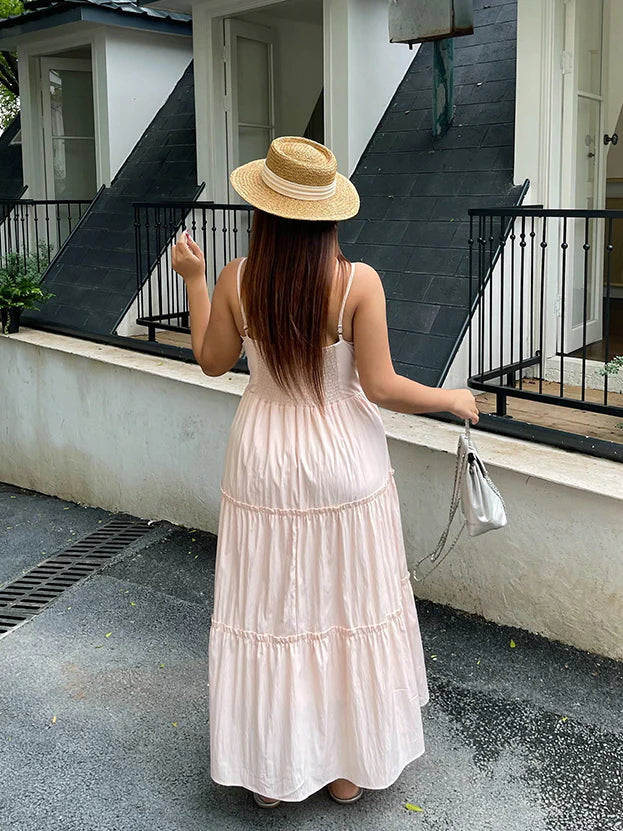 Blush Ribbon-Tie Tiered Dress