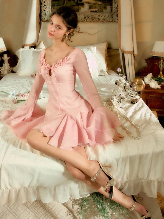 Rosy Flare Sleeve Coquette Dress