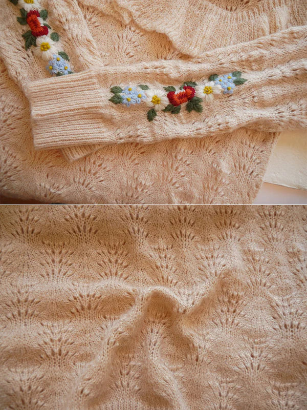 Floral Embroidered Ruffle Knit Sweater