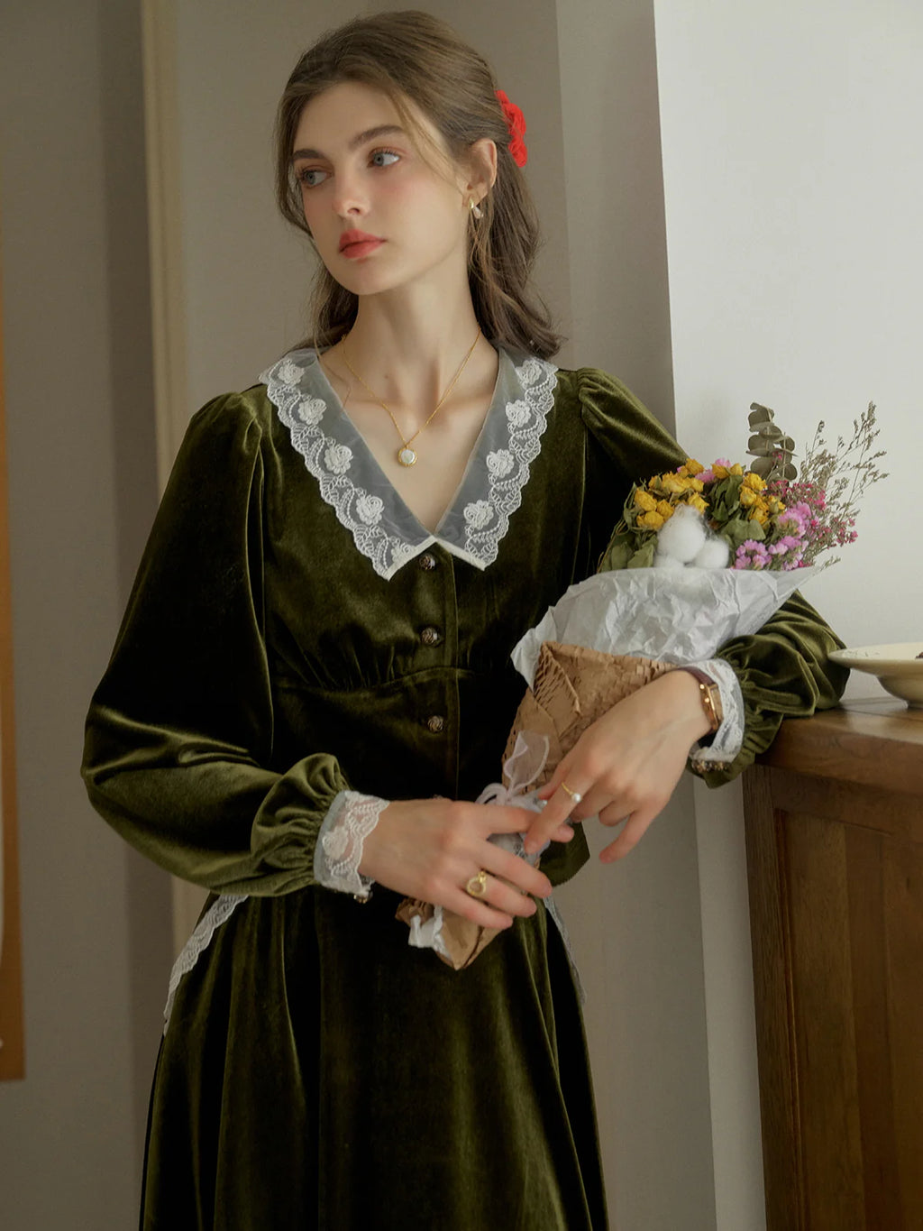 Velvet Elegance Green Lace-Trim Blouse