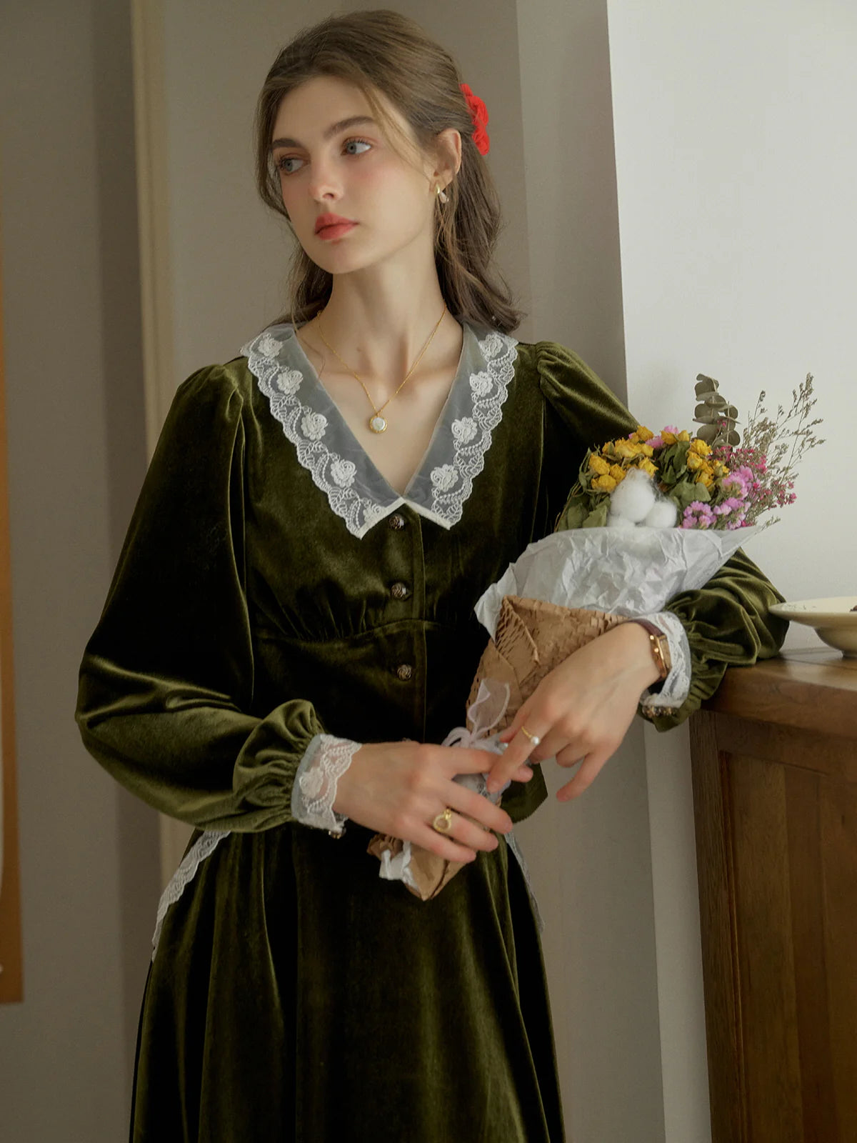 Velvet Elegance Green Lace-Trim Blouse