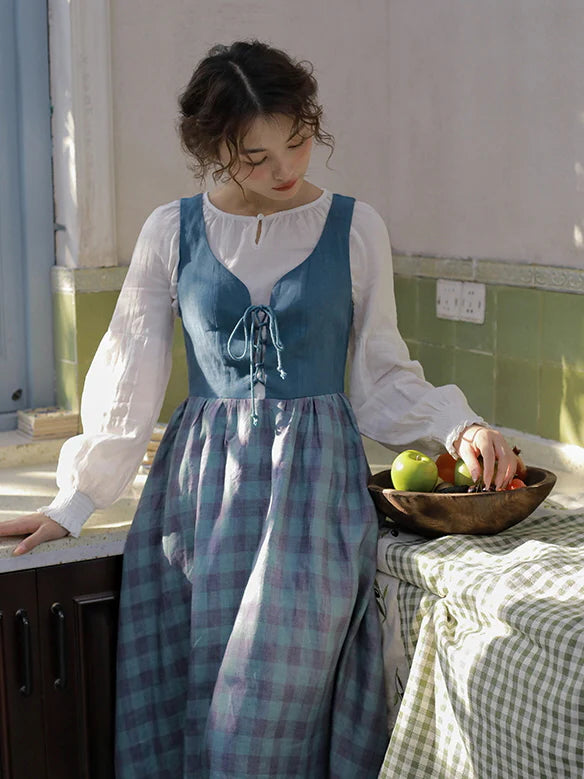 Vintage-Inspired Linen Pinafore Dress & Classic Cotton Blouse