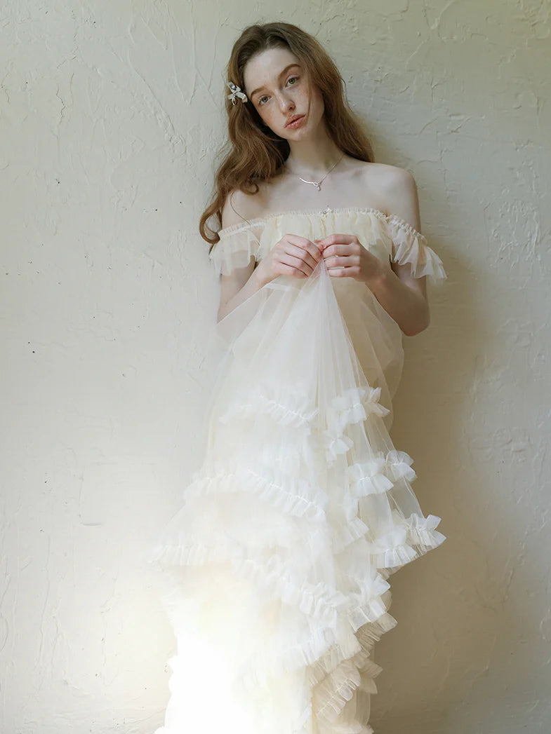 Ivory Tulle Ruffle Off-Shoulder Dress