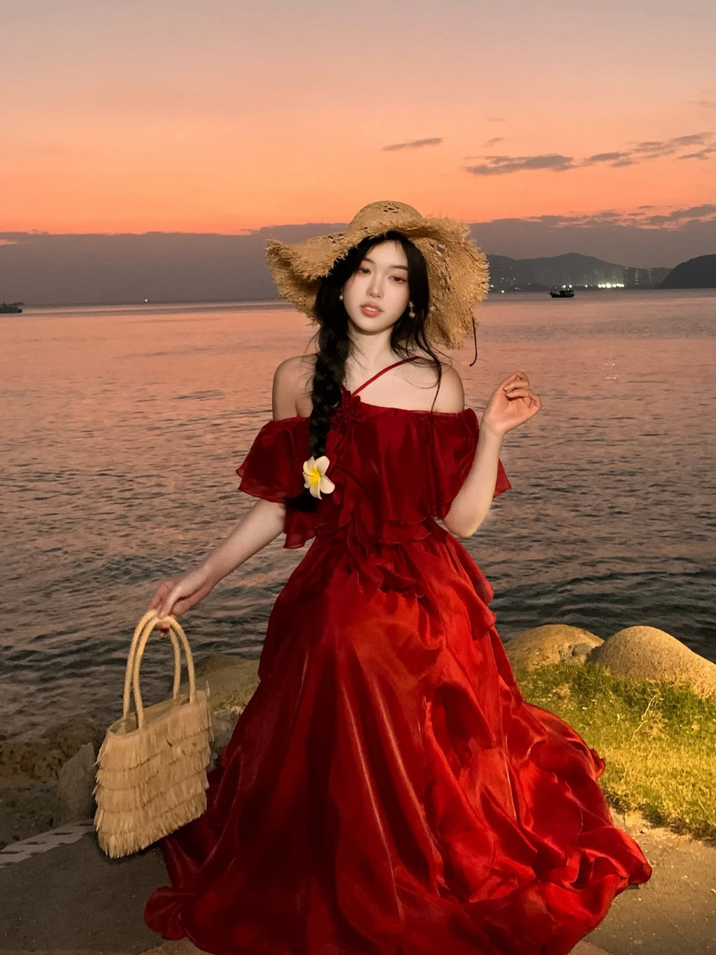 Scarlet Ruffle Off-Shoulder Chiffon Dress