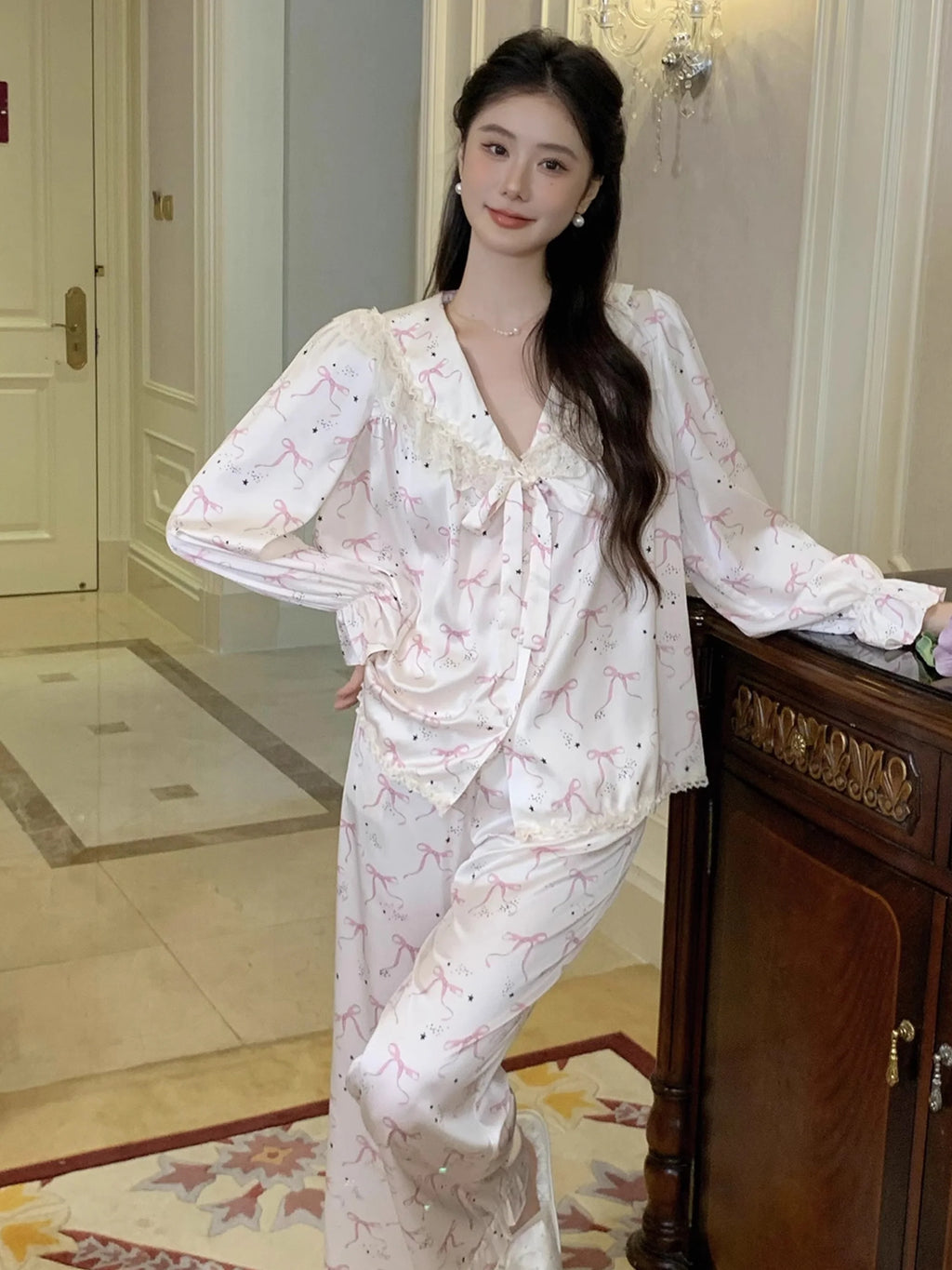 Pink Bow Charm Satin Pajama Set