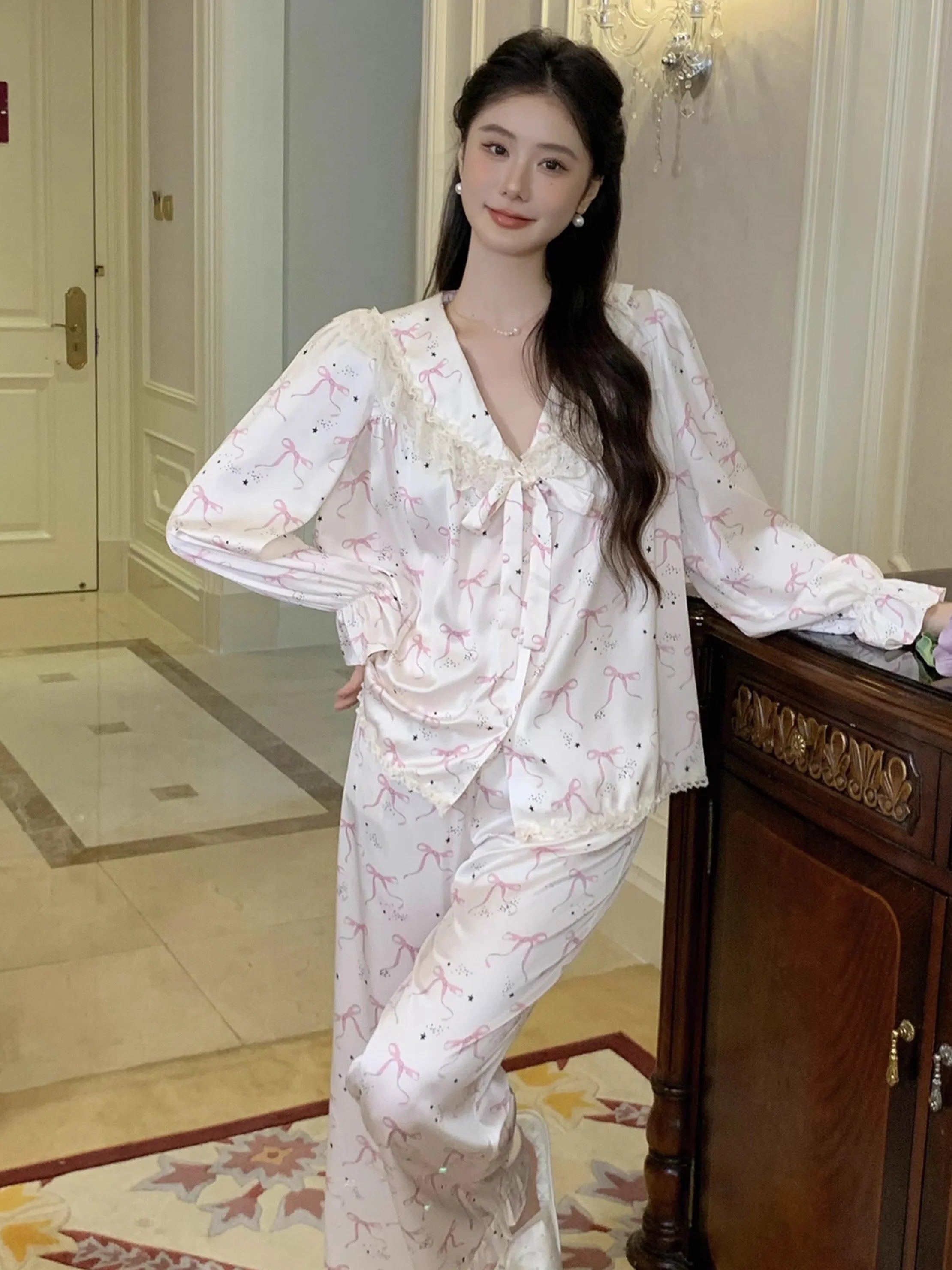 Pink Bow Charm Satin Pajama Set