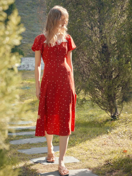 Lace Trim Retro Red Dress with Puff Sleeves