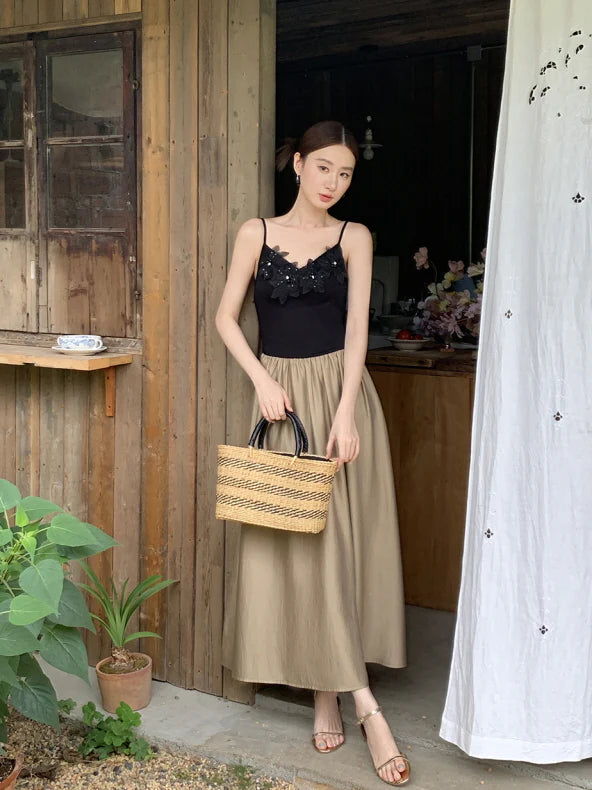 Black Blossom Bodice Two-Tone Dress