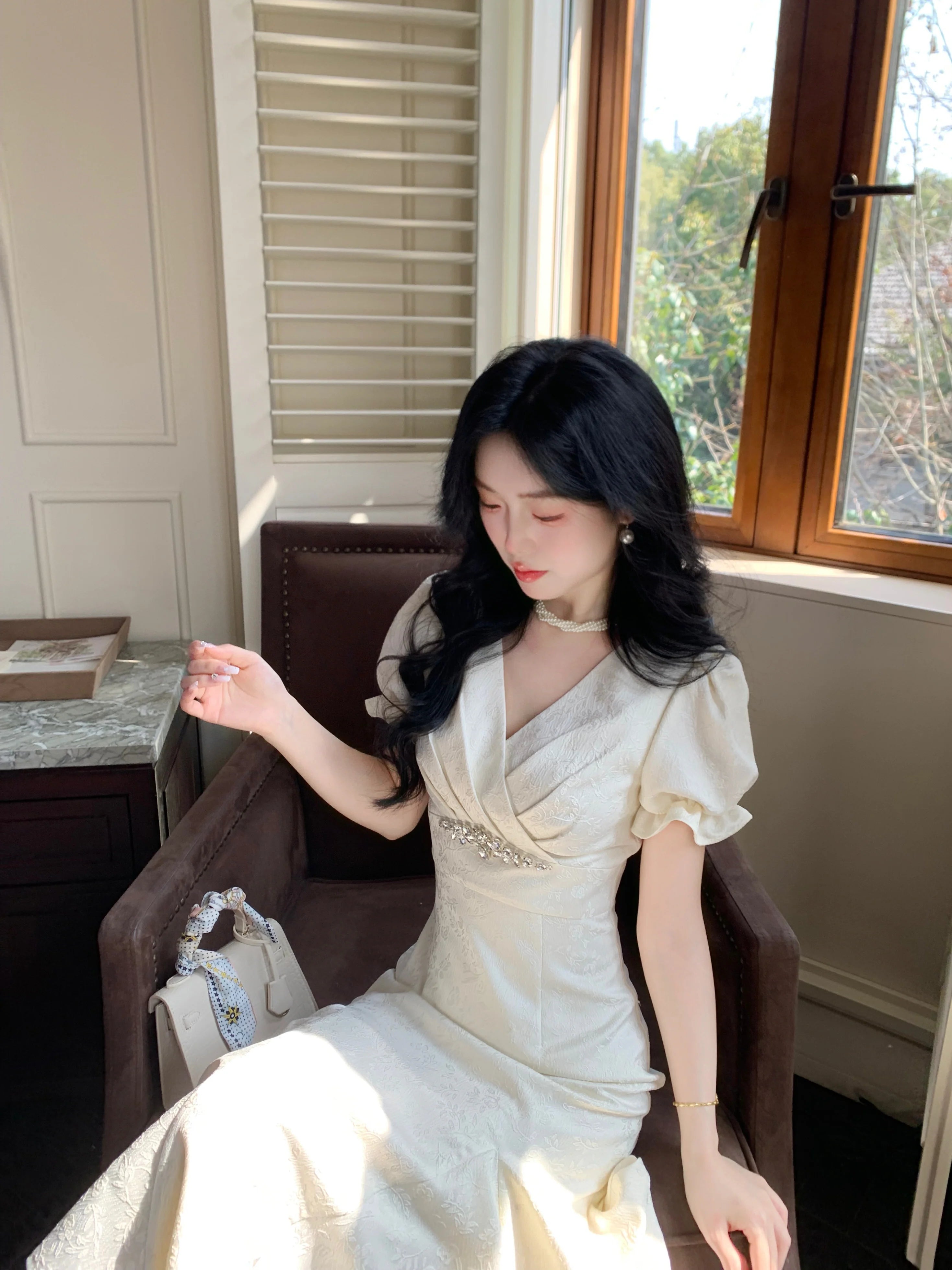 Cubic-Embellished Jacquard Princess Dress