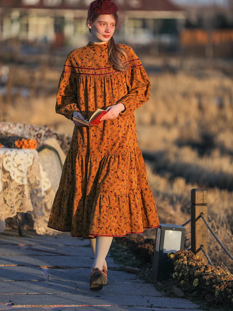 Vintage Golden Floral Corduroy Dress