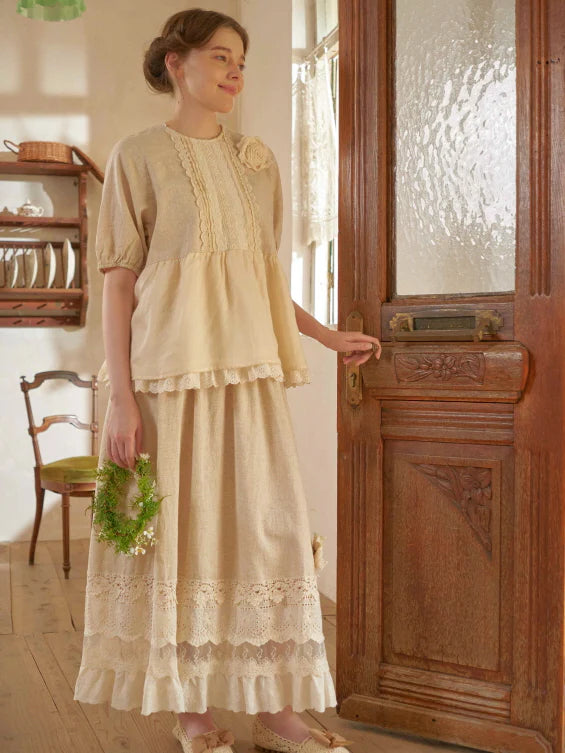 Linen Lace Garden Blouse and Skirt