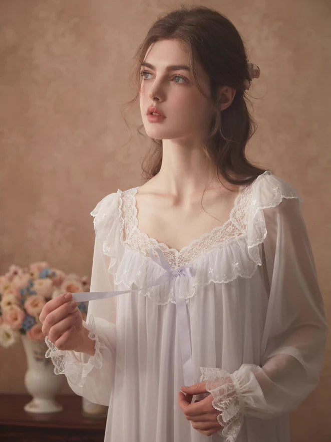 Ethereal Lace-Embroidered Long Nightdress