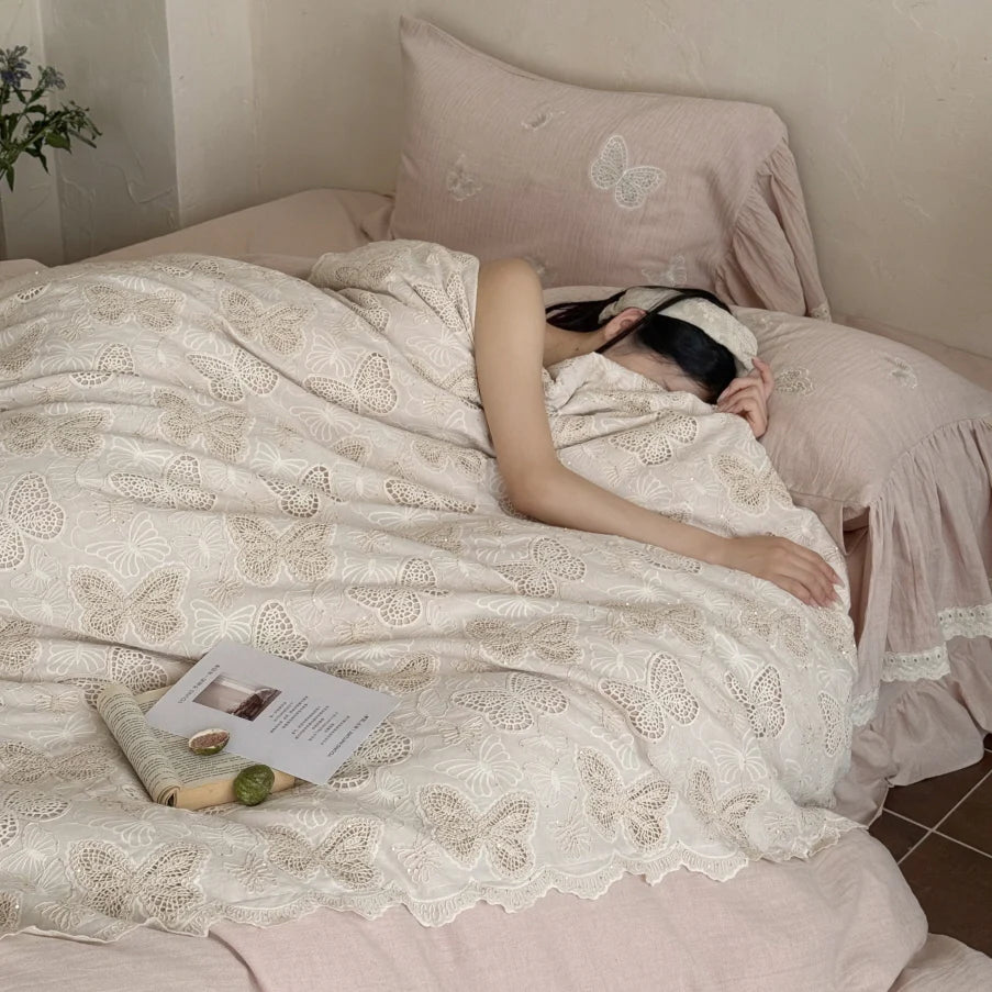 Pink Butterfly Lace Ruffle Bedding Set