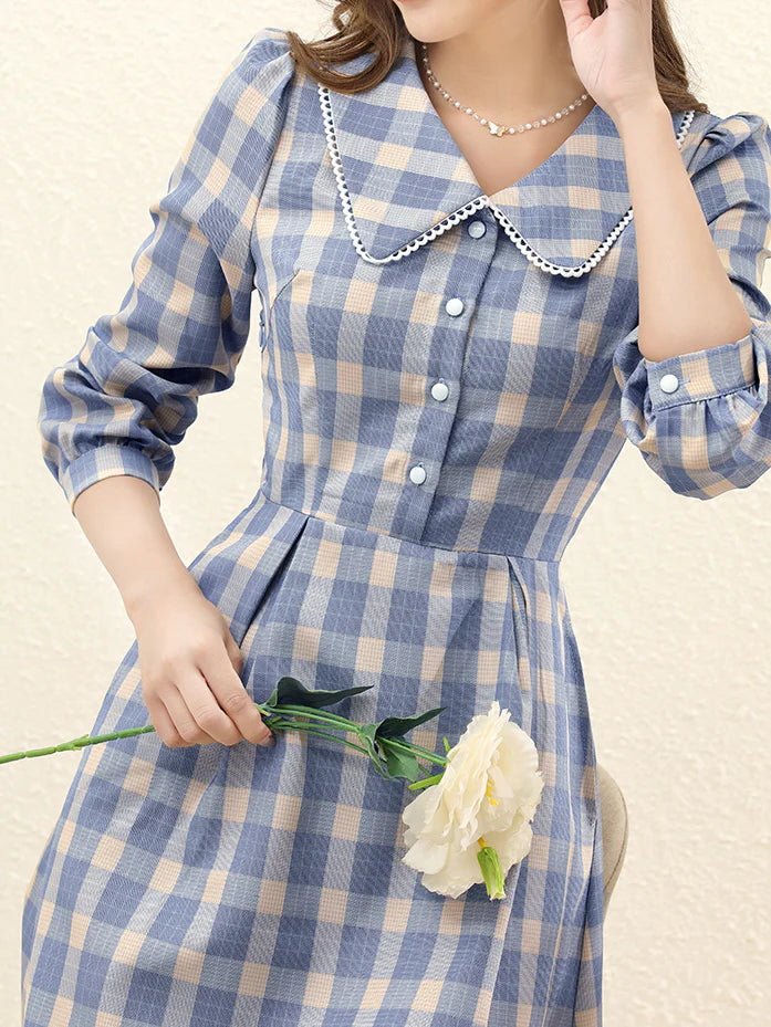 Vintage Blue Plaid Lace Trim Dress